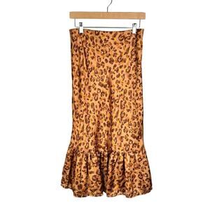 Forgotten Grace Tiered Flounce Hem Satin Midi Skirt Golden Brown Abstract Animal